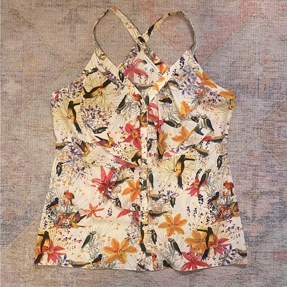 Banana Republic Bird & Floral Print Button Front Ruffle Trim Sleeveless Blouse - Picture 2 of 6
